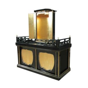 【寺院仏具】黒塗り 隅切厨子とニ間須弥壇セット 幅約180センチ 国内自社工場製作 木製高級寺院仏具通販(受注生産品)(商品番号11248k)