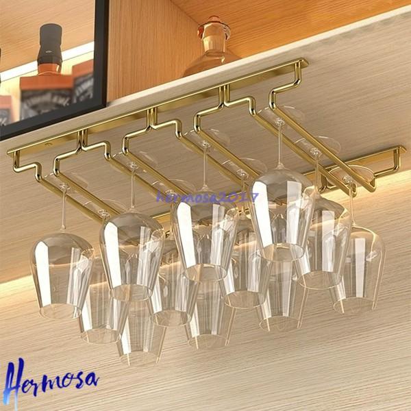 ワイングラスホルダー ゴールドワイングラスラック キャビネット下吊り下げワイヤー グラスハンガー奥行...