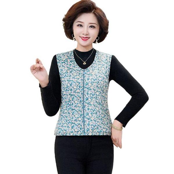 シニア女性向け 裏起毛ベスト レディース 暖かい 厚い 防風 ジレ チョッキ 前開き ジッパー 花柄...