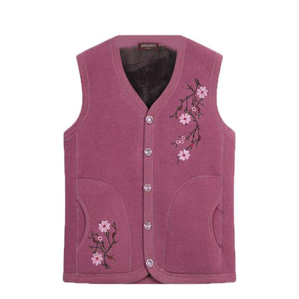 シニア女性向けベスト 防寒 裏起毛 レディース チョッキ 暖か 保温 前開き 花柄刺繍 ジレ 中年 ...
