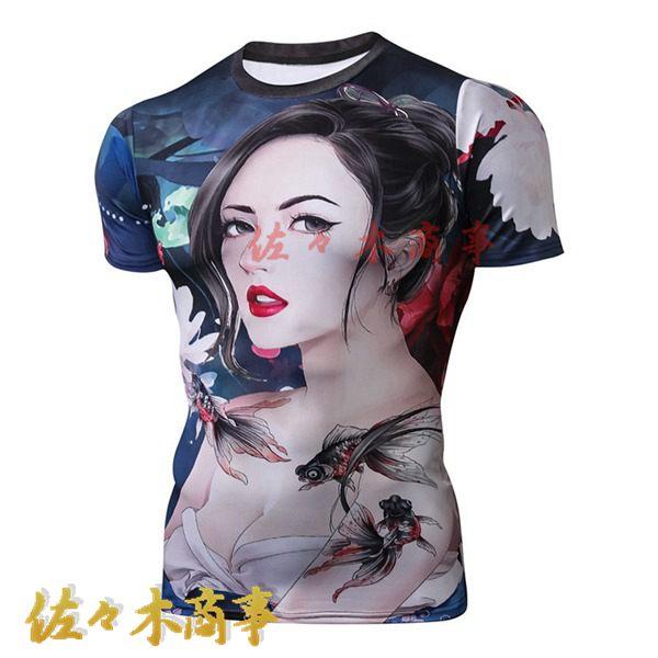 Tシャツ メンズ 3DプリントTシャツ 半袖 美人柄 原宿風 おしゃれ 花魁 夏用 伸縮性 柔らか ...