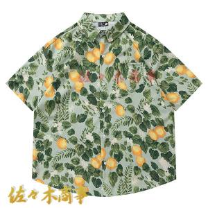 半袖 アロハシャツ ビーチシャツ メンズ 梨柄 前開き 夏用 日焼け止め 大きいサイズ 総柄シャツ ボタンダウン 薄い 軽い 吸汗透湿