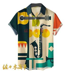 半袖シャツ メンズ s-5xl シャツ 楽器柄 プリントシャツ 切り替え アロハシャツ ビーチシャツ カジュアルシャツ 折り襟 開襟シャツ