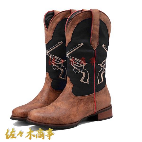 メンズ パッチワーク ローヒール3.5cm ウエスタンブーツ ショートブーツ 大きいサイズ 刺繍 エ...