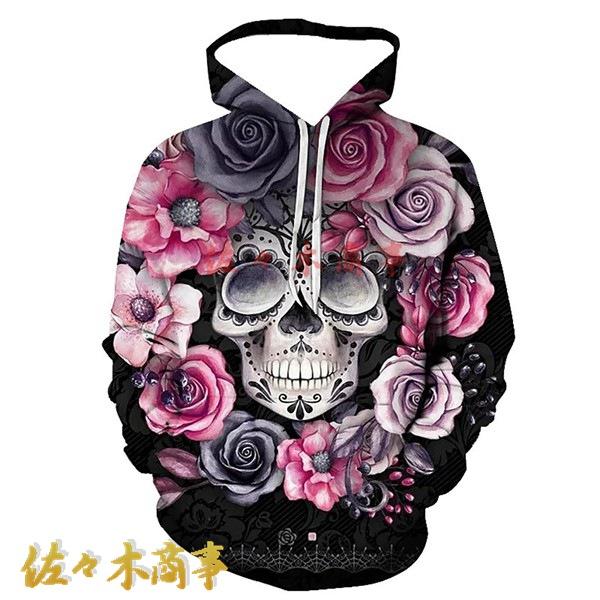 フルオーバー どくろ メンズ 花柄 3Dプリント 長袖パーカー レディース フード付 カップル 春秋...