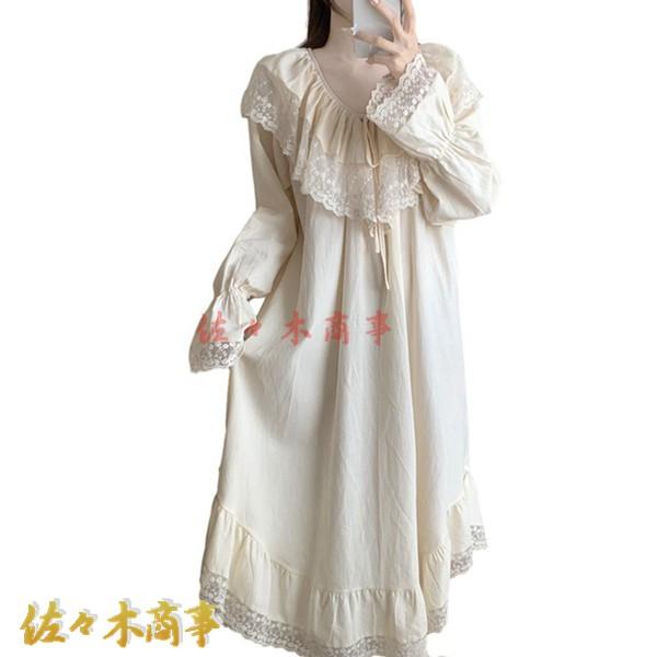 綿100 ルームワンピース レース えりフリル ロングワンピース 姫系 洋風 テーラー襟 長袖 可愛...