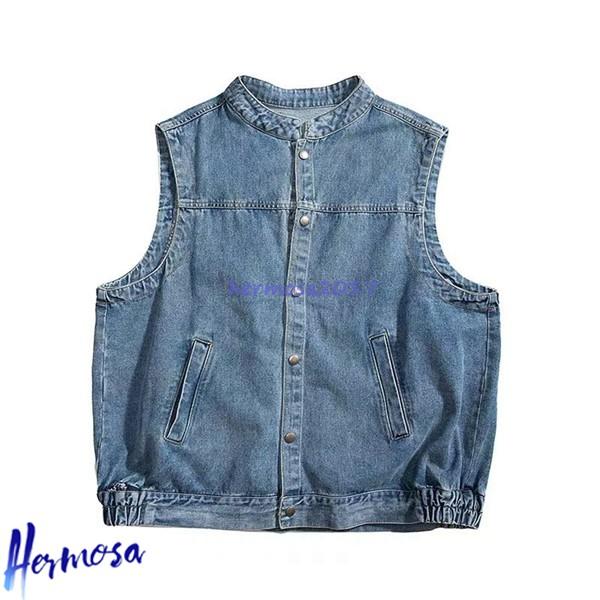 夏用Gジャン ジージャン ノースリーブ メンズ チョッキ デニムベスト 丸首 重ね着 ボタン カジュ...