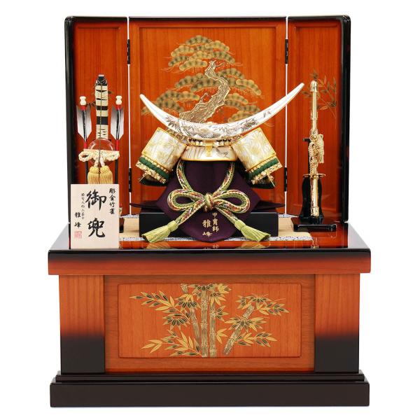 五月人形 お祝い コンパクト 兜 10号収納箱飾り 雅峰 金小札 緑色段糸縅 塗桐竹盛上蒔絵収納箱 ...