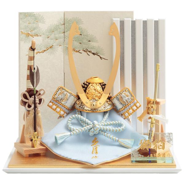 五月人形 久月作 コンパクト お祝い 兜飾り 平飾り 獅狛之兜 正絹 水色 匂縅 7号 木目 カッコ...