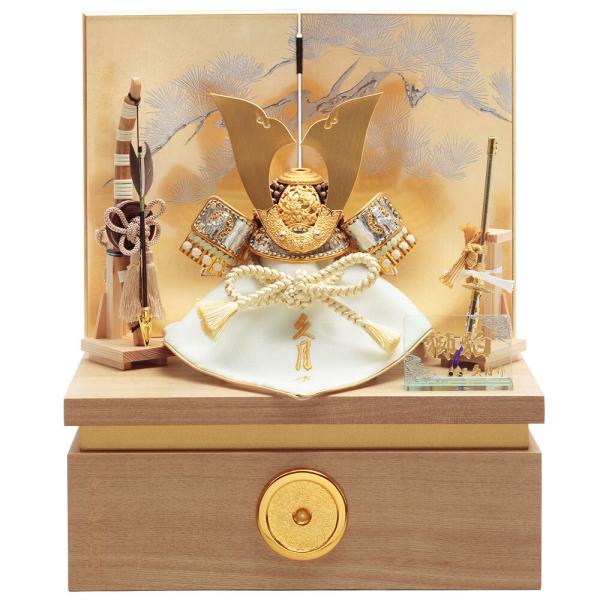 五月人形 久月作 コンパクト お祝い 兜飾り 収納飾り 獅狛之兜 正絹 萌黄 匂縅 7号 木目 カッ...