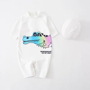 オーロラカラーのワニ柄ベビー水着　オールインワン　帽子付き2点セット　キッズ　ロンパース　半袖　プール　水遊び　子供スイムウェア　スターＳＺ