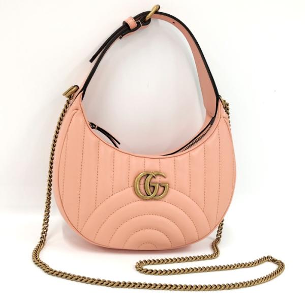 【中古】GUCCI 2WAYハンドバッグ ハーフムーンシェイプ GGマーモント レザー ピンク 69...