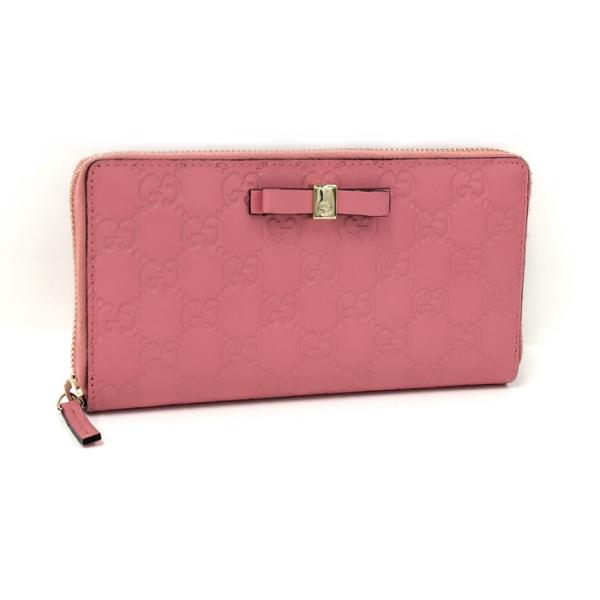 【中古】GUCCI ラウンドファスナー 長財布 リボン グッチシマ レザー ピンク 388680