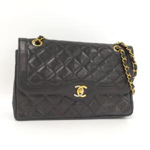 【中古】CHANEL パリ限定 マトラッセ チェーンショルダーバッグ Wフラップ Wチェーン ラムスキン レザー ブラック｜jjcollection2008