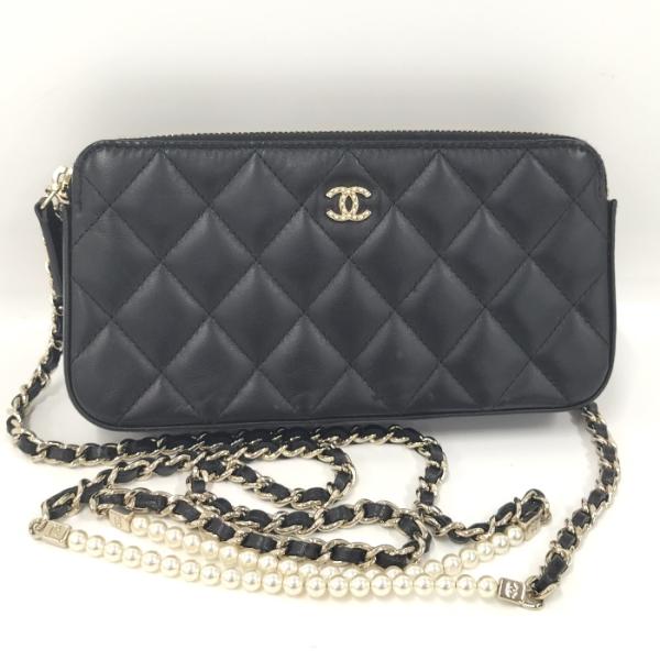 【中古】CHANEL マトラッセ チェーンショルダーウォレット ココマーク レザー ブラック