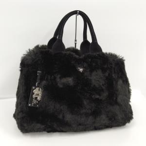 【中古】PRADA ハンドバッグ カナパ ロゴ フェイクファー ブラック BN1918｜jjcollection2008