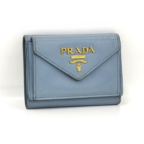 【中古】PRADA 三つ折り財布 サフィアーノレザー みずいろ 1MH021