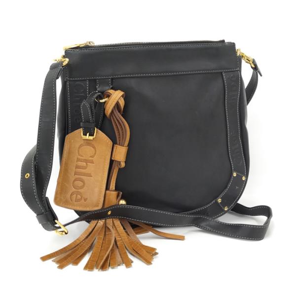 【中古】Chloe エデン ショルダーバッグ ロゴプレート レザー ブラック