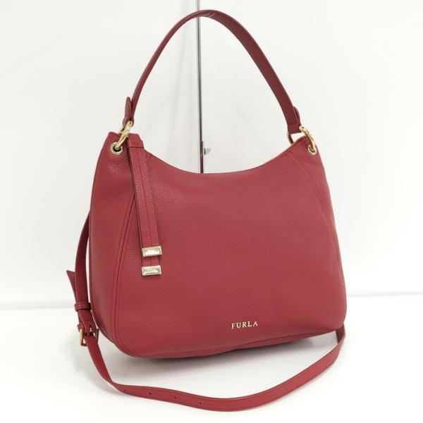 【中古】FURLA 2WAY ショルダーバッグ ロゴ レザー レッド