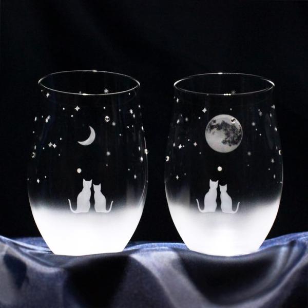 アトリエキース 猫モチーフのグラスセット (一緒にみる満月 ＋ 三日月の夜空 ペアセット)