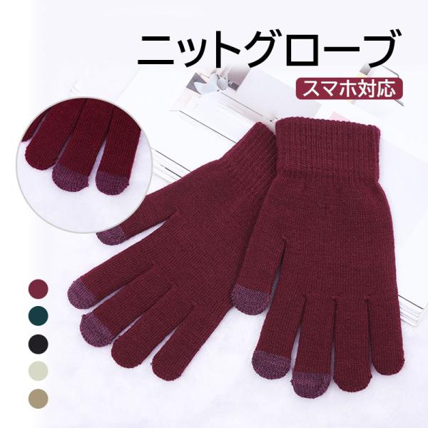 手袋 ニットグローブ スマホ対応 ニット手袋 無地 裏起毛 タッチパネル対応 5本指 ネコポス送料無...