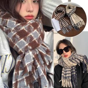 袖付き　カメリア柄　ストールフリンジ付き 千鳥格柄 ストール 大判ストール フリンジ マフラー ショール 厚手