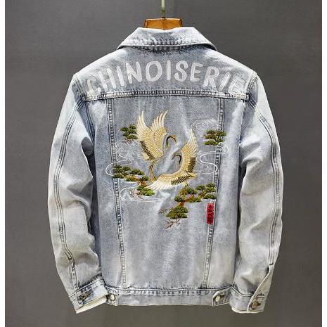 デニムジャケット コットン 刺繍 メンズ Gジャン デニムアウター ジージャン 鶴の刺繍 2XLサイ...