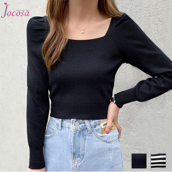 ニットトップス パフスリーブ 長袖 秋服 韓国ファッション 秋冬 セクシー 大人 シンプル ブラック...