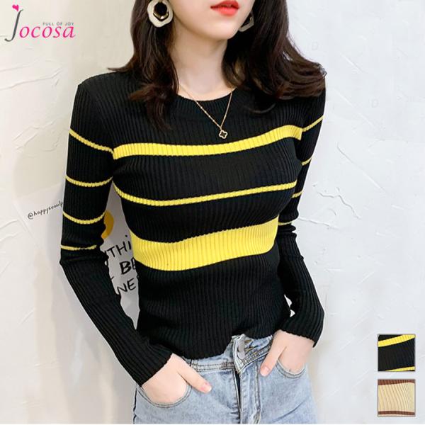 ニットトップス 長袖 韓国ファッション トップス 秋冬 セクシー 大人 シンプル ボーダー リブニッ...