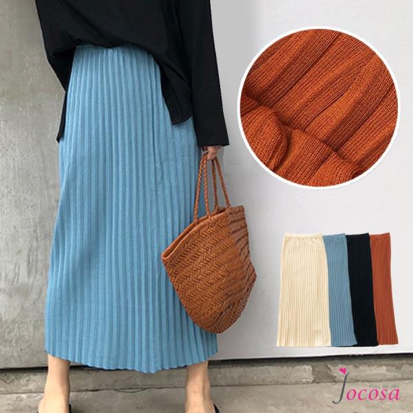 スカート ロング ニット プリーツカート 春 夏 秋 冬 ボトムス ウエストゴム レディース 黒 ベ...