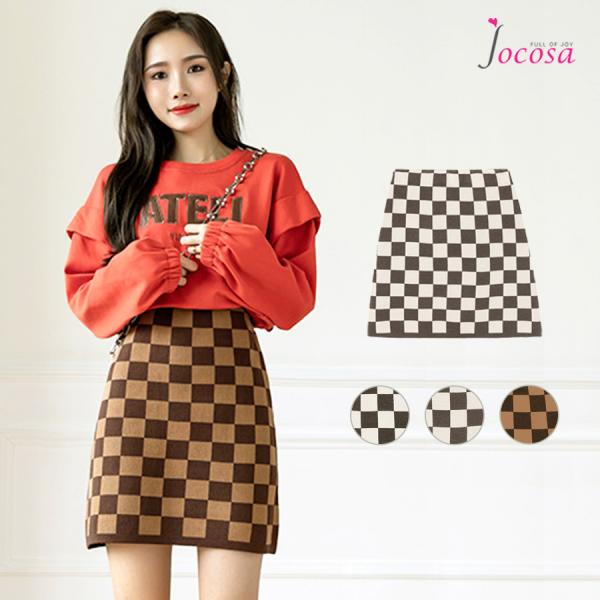 ニットスカート ミニ ブロックチェック柄 大人 カジュアル タイトスカート 市松模様 黒 灰 茶 8...