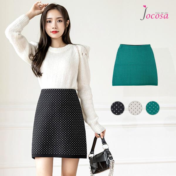 ニットスカート ミニ ドット柄 韓国ファッション 大人 カジュアル タイトスカート 水玉模様 819...