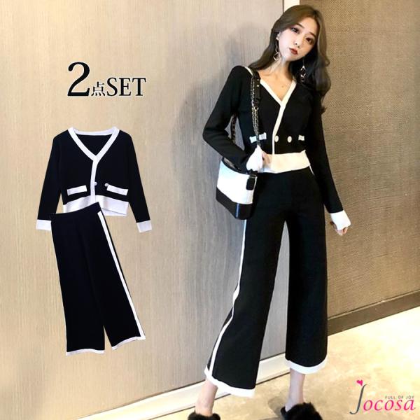 セットアップ 春夏秋 韓国ファッション 長袖 ニット セクシー ストリート ワイドパンツ 上下セット...