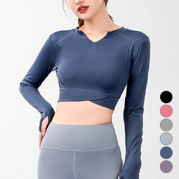 スポーツウェア トップス 長袖 指穴 ショート丈 キーネック フィットネス ヨガ レディース ブラッ...
