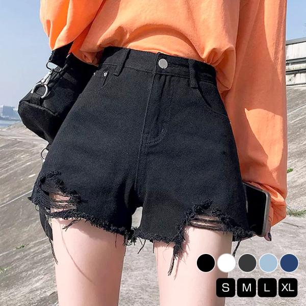 ショートパンツ デニム ダメージ ハイウエスト 韓国ファッション 新作 春 夏 秋 ブラック ホワイ...