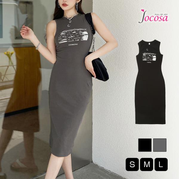 ワンピース イラストプリント ロゴ ロング丈 膝下丈 ノースリーブ ラウンドネック ハイウエスト レ...