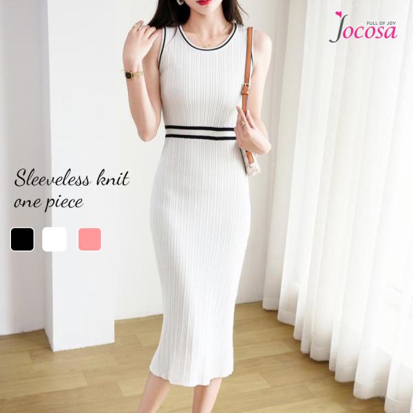 ニットワンピース ノースリーブ タイト ウエストライン 膝下丈 夏ワンピース レディース 春 夏 秋...