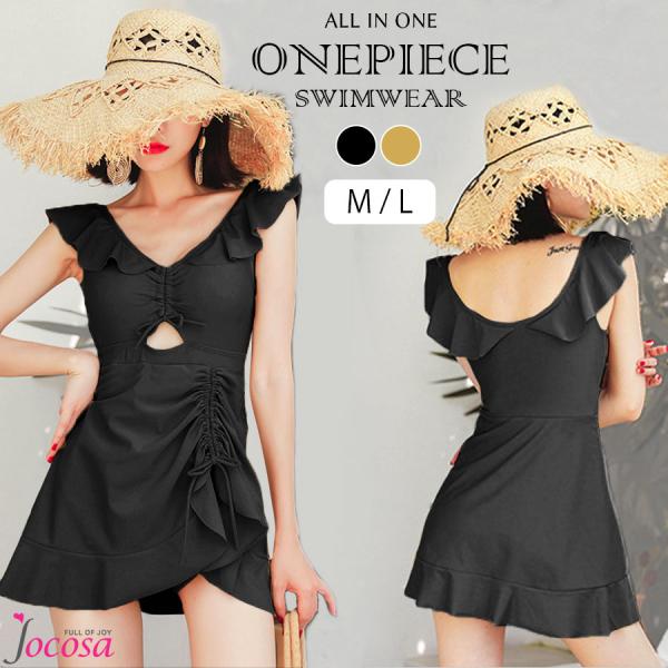 水着 ワンピース オールインワン ノースリーブ フリル ギャザー キーホール パッド付き Vネック ...