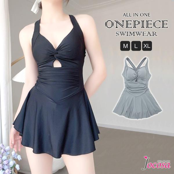 水着 ワンピース ミディ丈 ノースリーブ 体型カバー ギャザー キーホール パッド付き オールインワ...