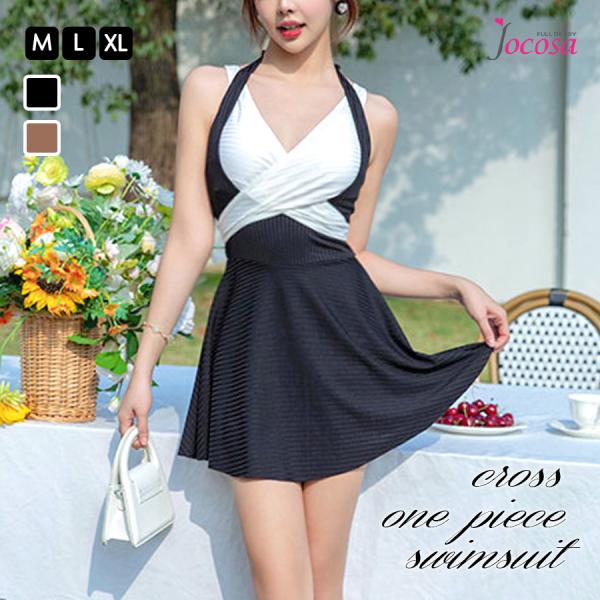 水着 ワンピース バイカラー ホルターネック ハイウエスト 体型カバー 着やせ セクシー 夏 パッド...