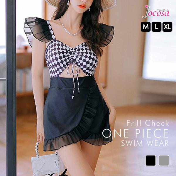 水着 ワンピース フリル ハイウエスト リボン ギンガムチェック 体型カバー 着やせ セクシー 夏 ...