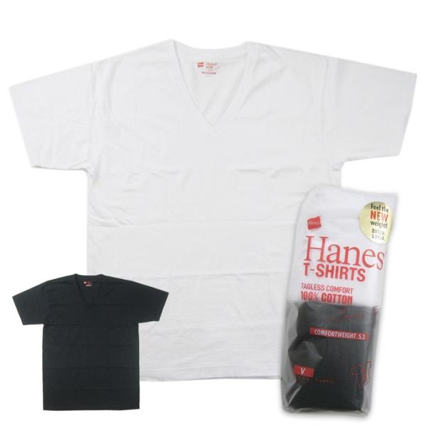 Hanes/ヘインズ ジャパンフィット 5.3oz VネックTシャツ ブラック/ホワイト 2枚組