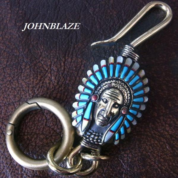 真鍮製 キーチェーン キーホルダー キーリング ネイティブ系 インディアン 石 ストーンインレイ ジ...