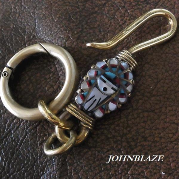 金色 ブラス 真鍮製 キーチェーン キーホルダー キーリング ネイティブ インディアン 石 ストーン...