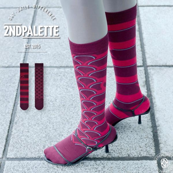 2nd PALETTE セカンドパレット バーガンディ クレイン ハイソックス アシンメトリー 靴下...