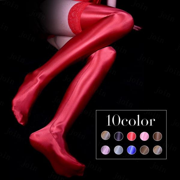 ストッキング 光沢 日本国内当日発送 10color ニーハイストッキング 膝上 フリーサイズ 高級...