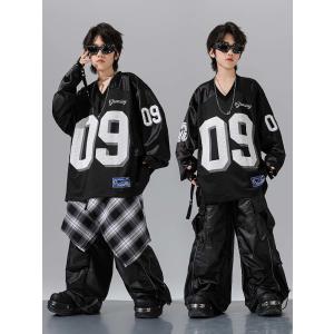 サッカー風 キッズダンス衣装 黒 セットアップ...の詳細画像1