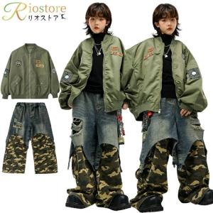 迷彩 キッズ ダンス衣装 HIPHOP ガールズ 男の子 ブルゾン長袖  MA-1 かっこいい 緑 カーゴパンツ ダメージ 迷彩柄 ダンス衣装 キッズ セットアップ 子供服 スト