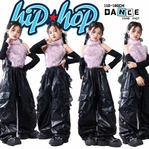 Y2K 女の子 キッズ ダンス衣装 子供服 ヒップホップ 紫 パープル ファー切替 ホルターネック クロップドトップス へそ出し ブラック 長袖 黒 光沢 革パンツ カ