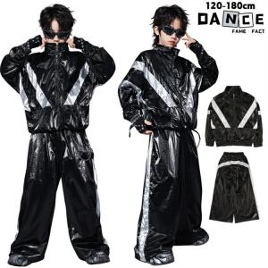 キッズダンス衣装 トップス 黒 ブラック セットアップ ヒップホップ エナメル 光沢 反射テープ K-POP 個性的 子供服 普段着 ジャズ HIPHOP 男の子 女の